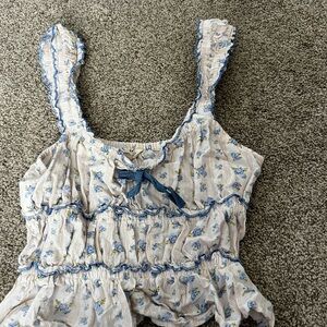 Floral Ruffle Tank Top with Blue Accents